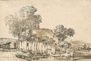 Huisje met houten omheining tussen bomen door Rembrandt van Rijn